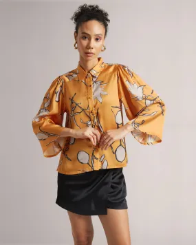 Amber Yellow Satin Abstract Printed Shirt Only