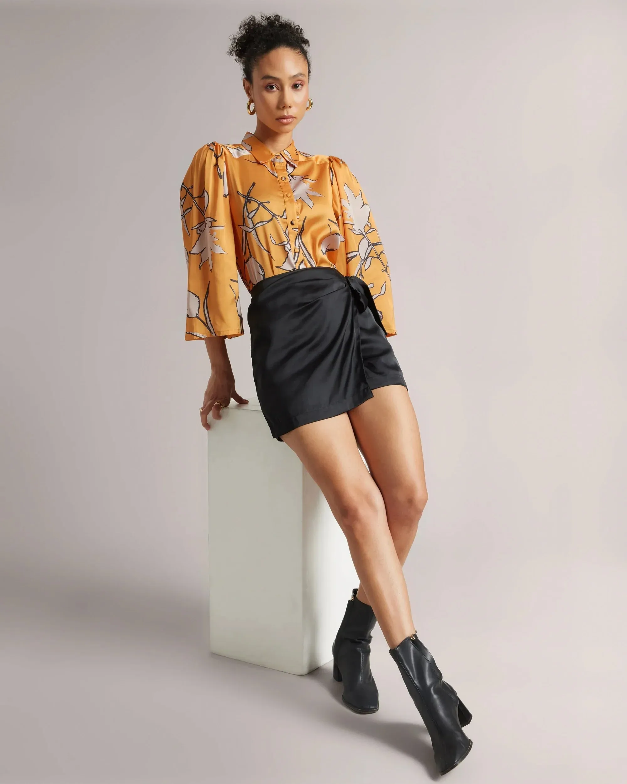 Amber Yellow Satin Abstract Printed Shirt Only