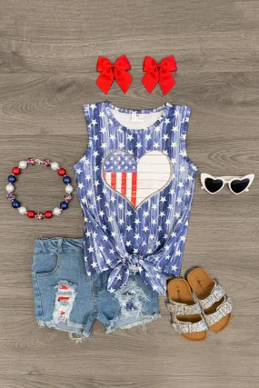 American Flag Heart Distressed Denim Short Set