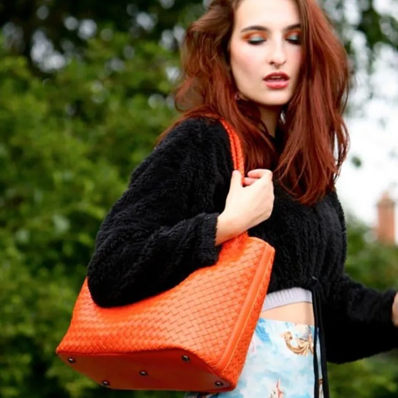 Anya Woven Leather Shoulder Bag - Orange