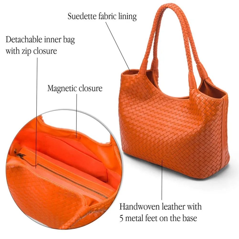 Anya Woven Leather Shoulder Bag - Orange