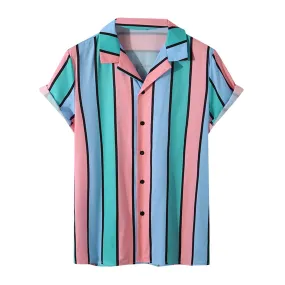 Ashore Shop Men Summer Colorful Top Shirts Stripe Print Shirt Short Sleeve Turn Down Top Blouse Turn Down Collar Men Business Fringe Shirt