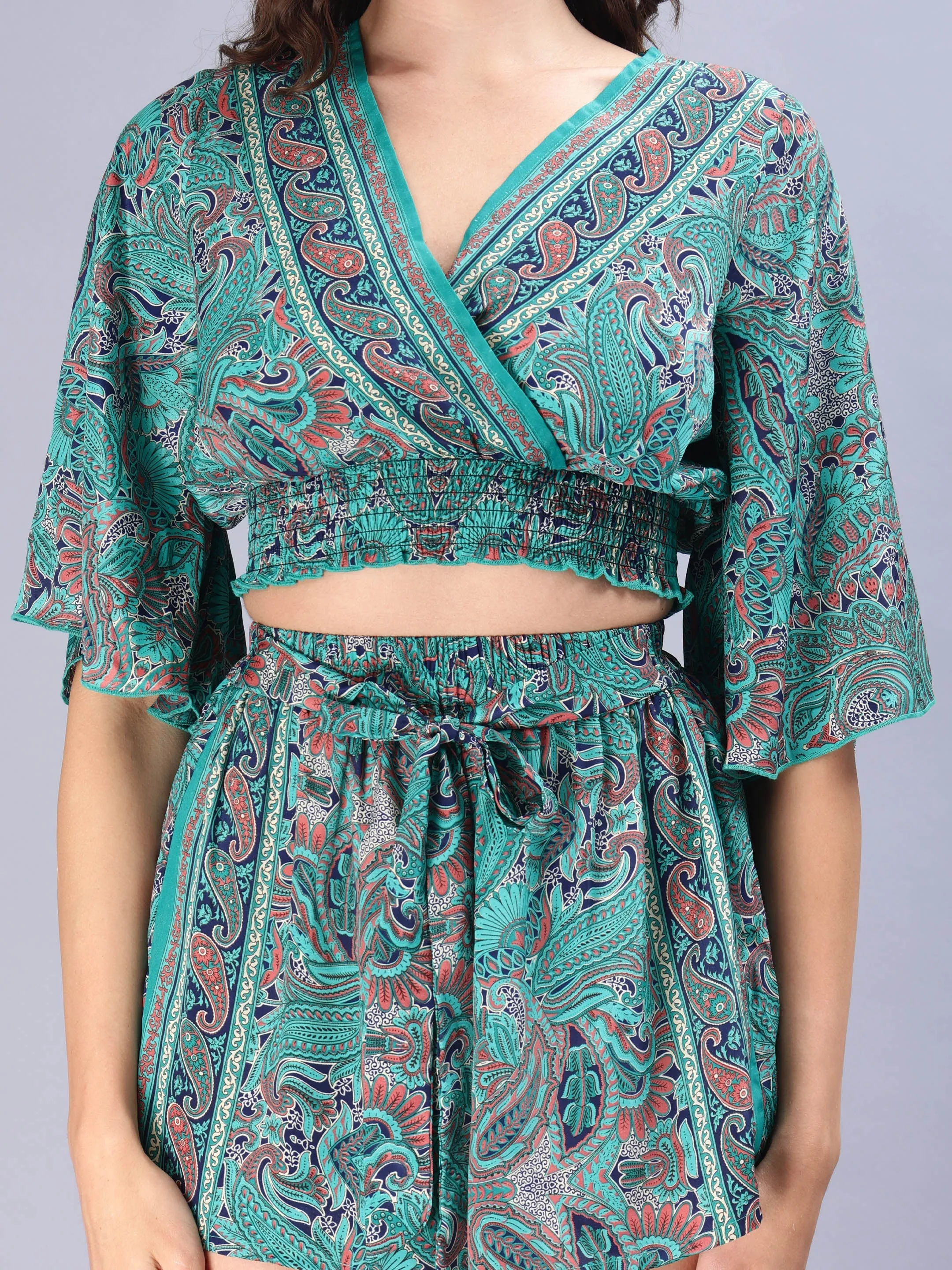 Avana Silk Paisley Print Green Polysilk Halter Top and Shorts Co-ords Set