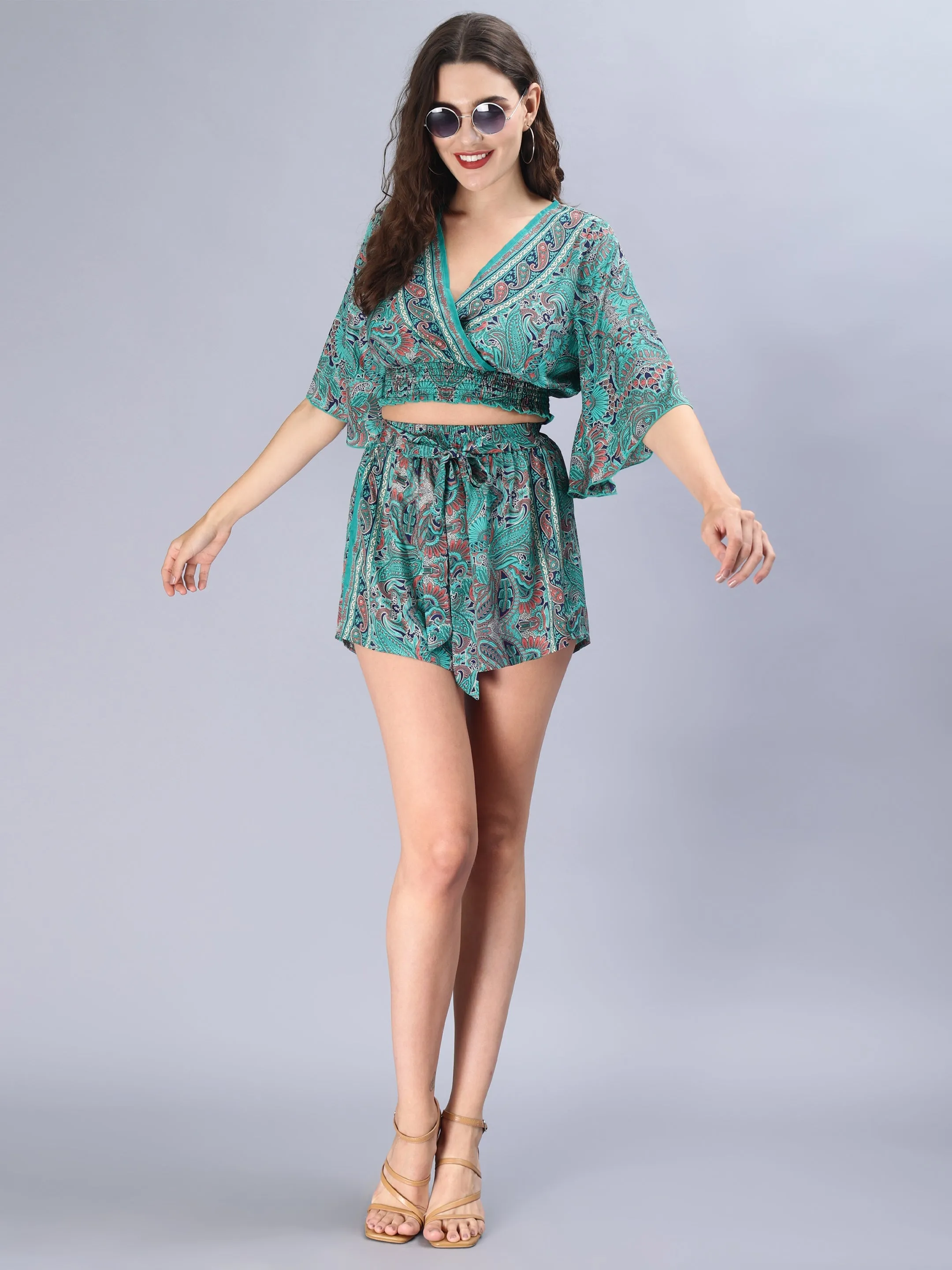 Avana Silk Paisley Print Green Polysilk Halter Top and Shorts Co-ords Set