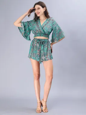 Avana Silk Paisley Print Green Polysilk Halter Top and Shorts Co-ords Set