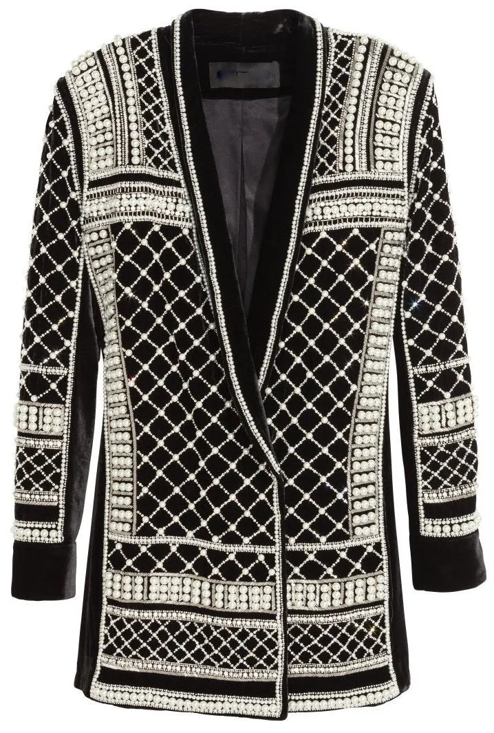 Bead & Crystal Embellished Long Black Velour Jacket