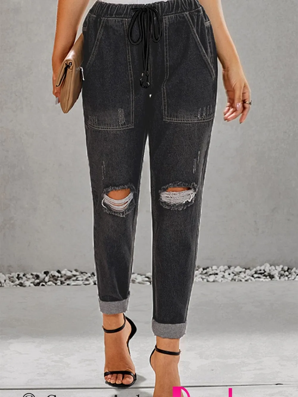 Black Distressed Denim Jogger with Pocket Details