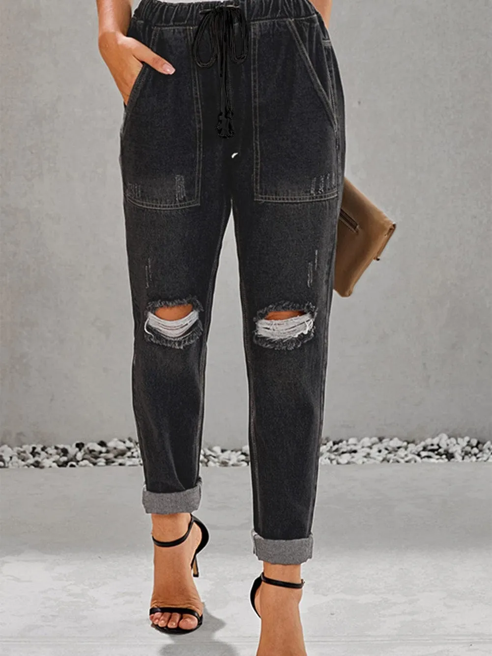 Black Distressed Denim Jogger with Pocket Details