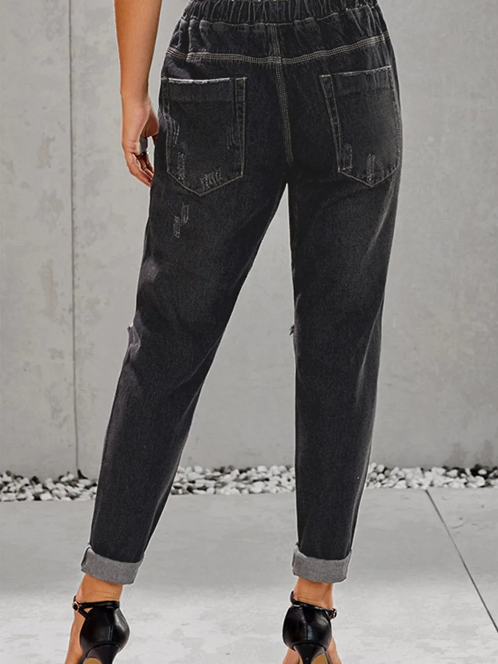 Black Distressed Denim Jogger with Pocket Details