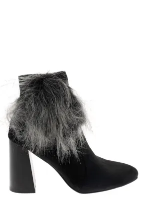 Black Faux Suede Ankle Boots With Pom Pom Detail