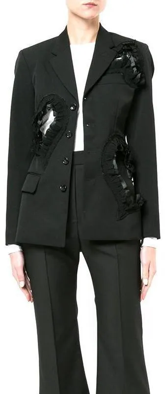 Black Ruffled Heart Cut-Out Single Breasted Jacket