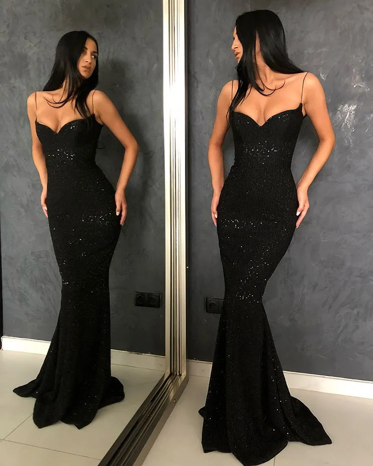 Black Sheath Spaghetti Straps Open Back Sequins Prom Dresses