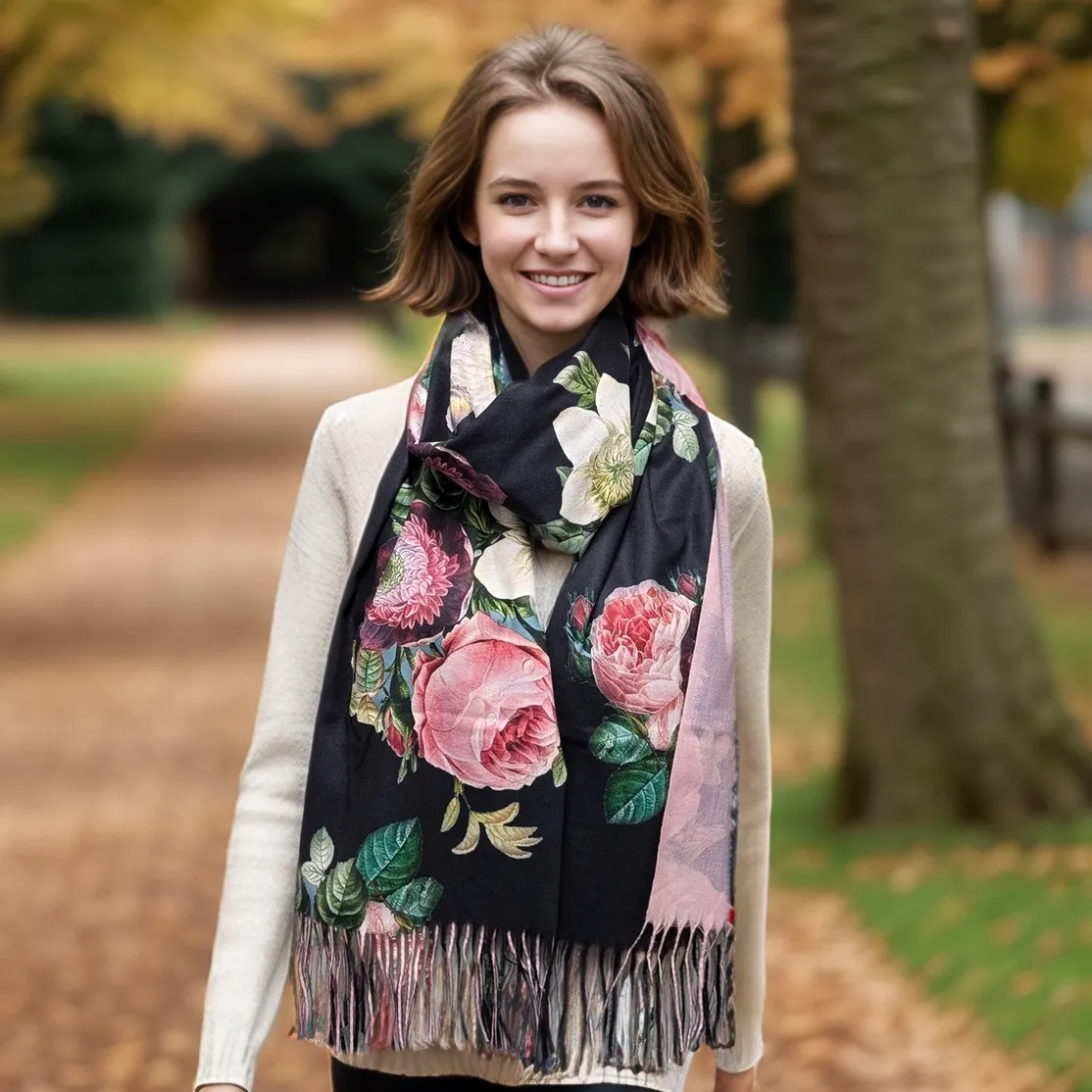 Black Vintage Roses Pashmina Style Scarf - Exclusive Design