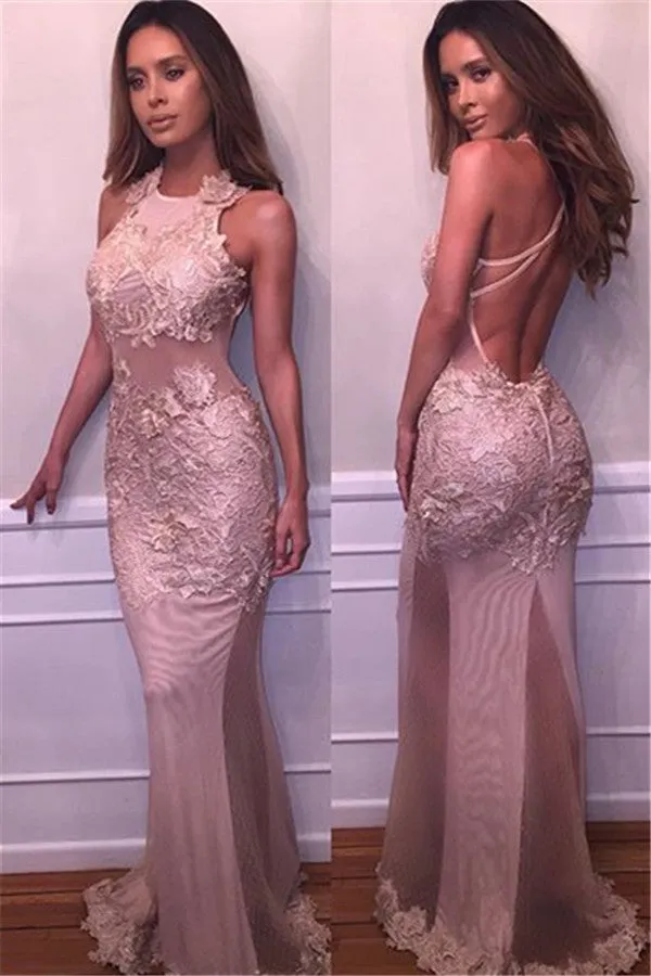 Chic Open Back Evening Dresses On Sale Sleeveless Lace Appliques Prom Dresses