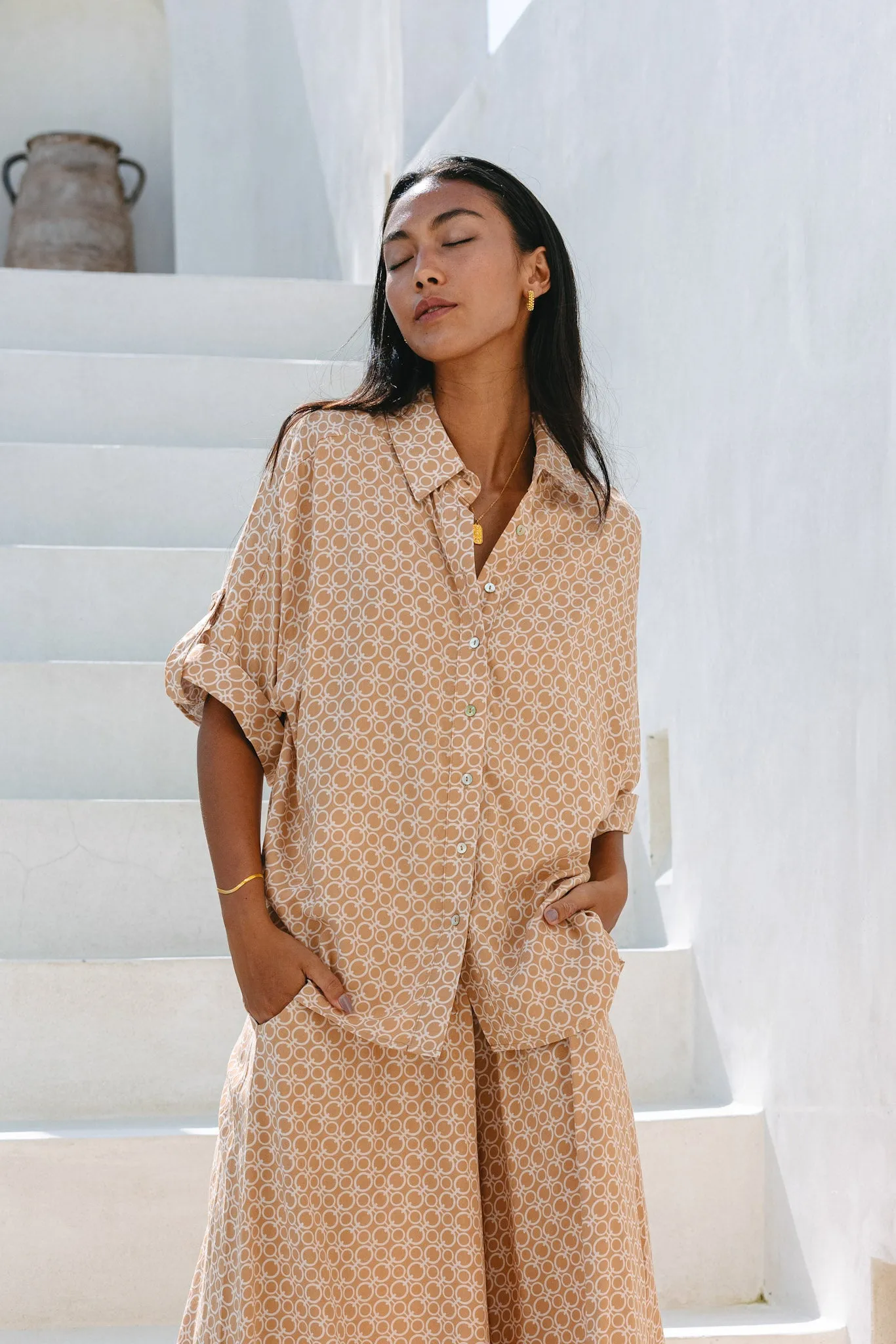 Cyra Beige Geo Oversized Shirt