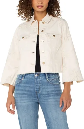 Dandy Daisy Ecru Embroidered Jean Jacket with Frayed hem