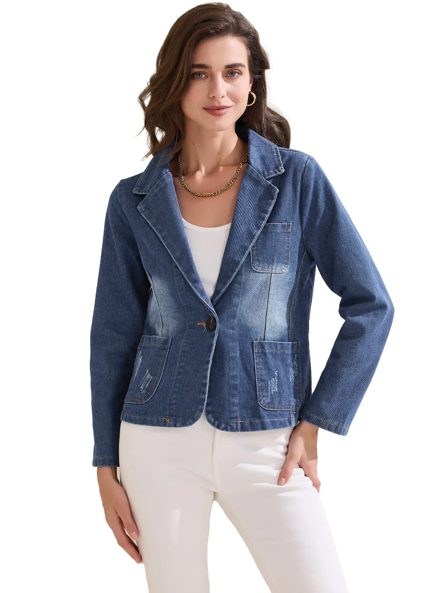 Denim Casaul Notched Lapel Washed Jean Jackets Blazer