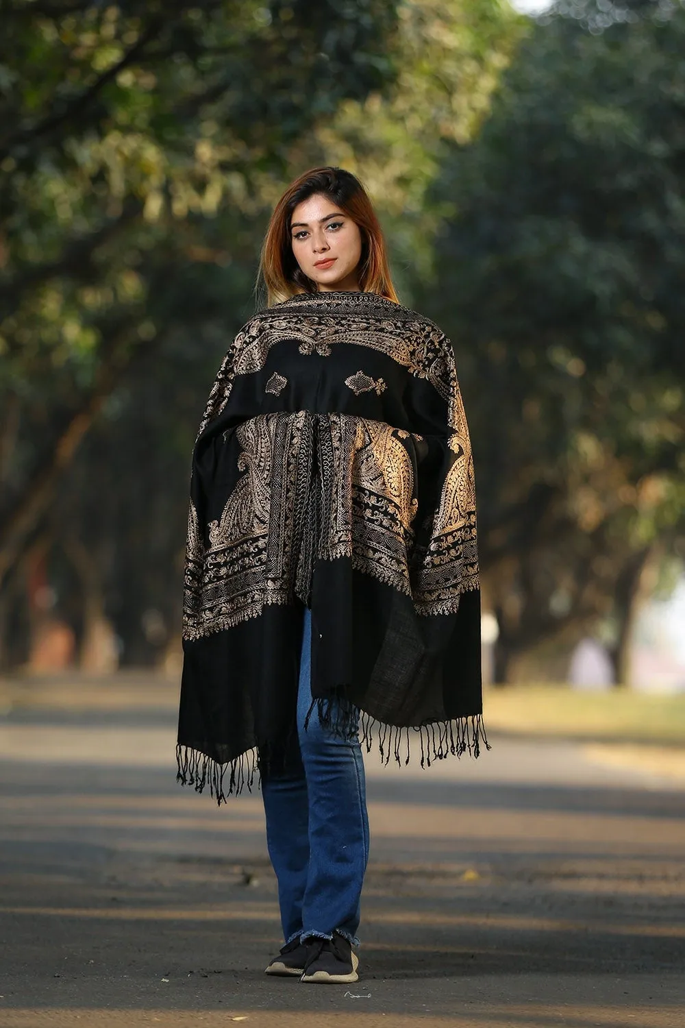 ELEGANT BLACK COLOUR KASHMIRI  STOLE WITH CLASSY SWAROVSKI WORK DEFINES FEMINISM AND ENHANCES SOPHISTICATION