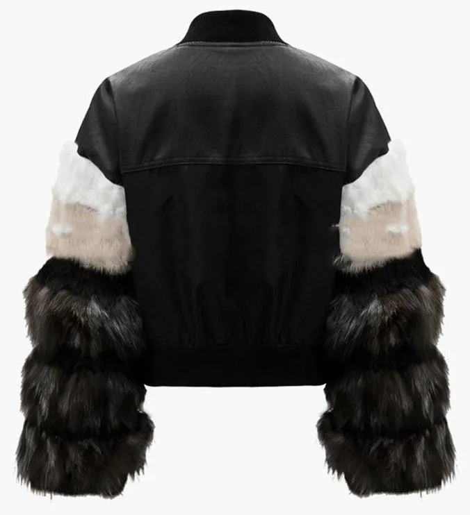 Embellished Faux-Leather Fur-Sleeve Jacket