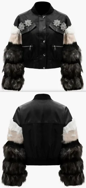 Embellished Faux-Leather Fur-Sleeve Jacket