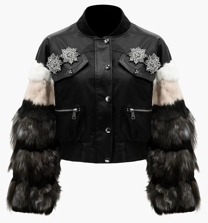 Embellished Faux-Leather Fur-Sleeve Jacket