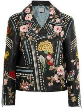 Embellished Genuine Leather Biker Jacket