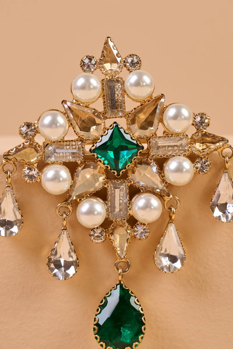 Emerald Brooch With Pearls & Beads