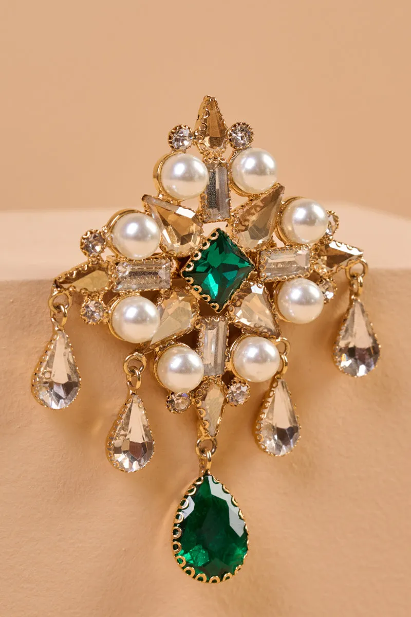 Emerald Brooch With Pearls & Beads