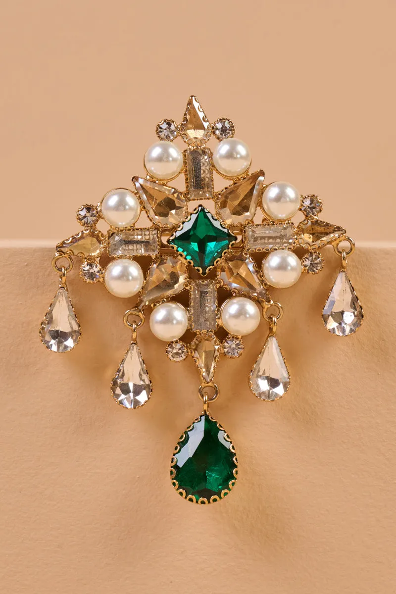 Emerald Brooch With Pearls & Beads