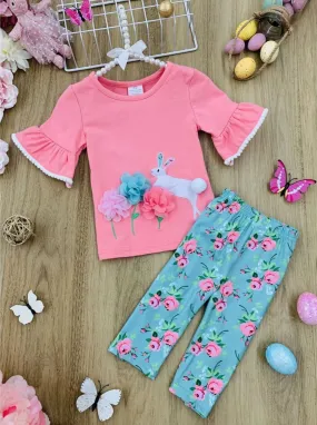 Girls Bunny Beauty Ruffled Floral Top and Capri Leggings Set