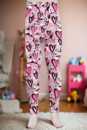 Girls Valentines Day Heart Leggings, Kids Yoga Pants, Sizes S/L, No-Roll Waist, Pink/Gray