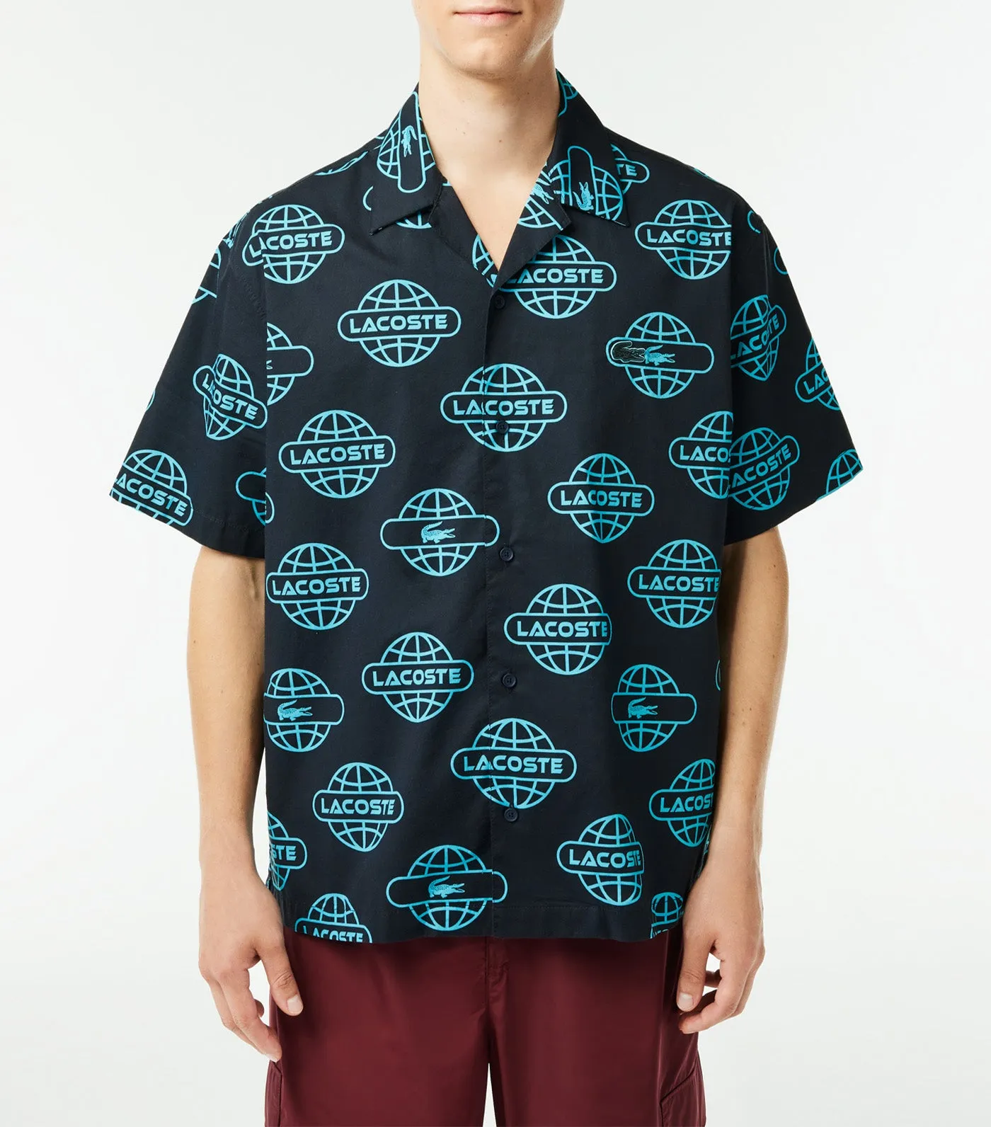 Globe Print Lacoste Cotton Twill Shirt Black/Cove