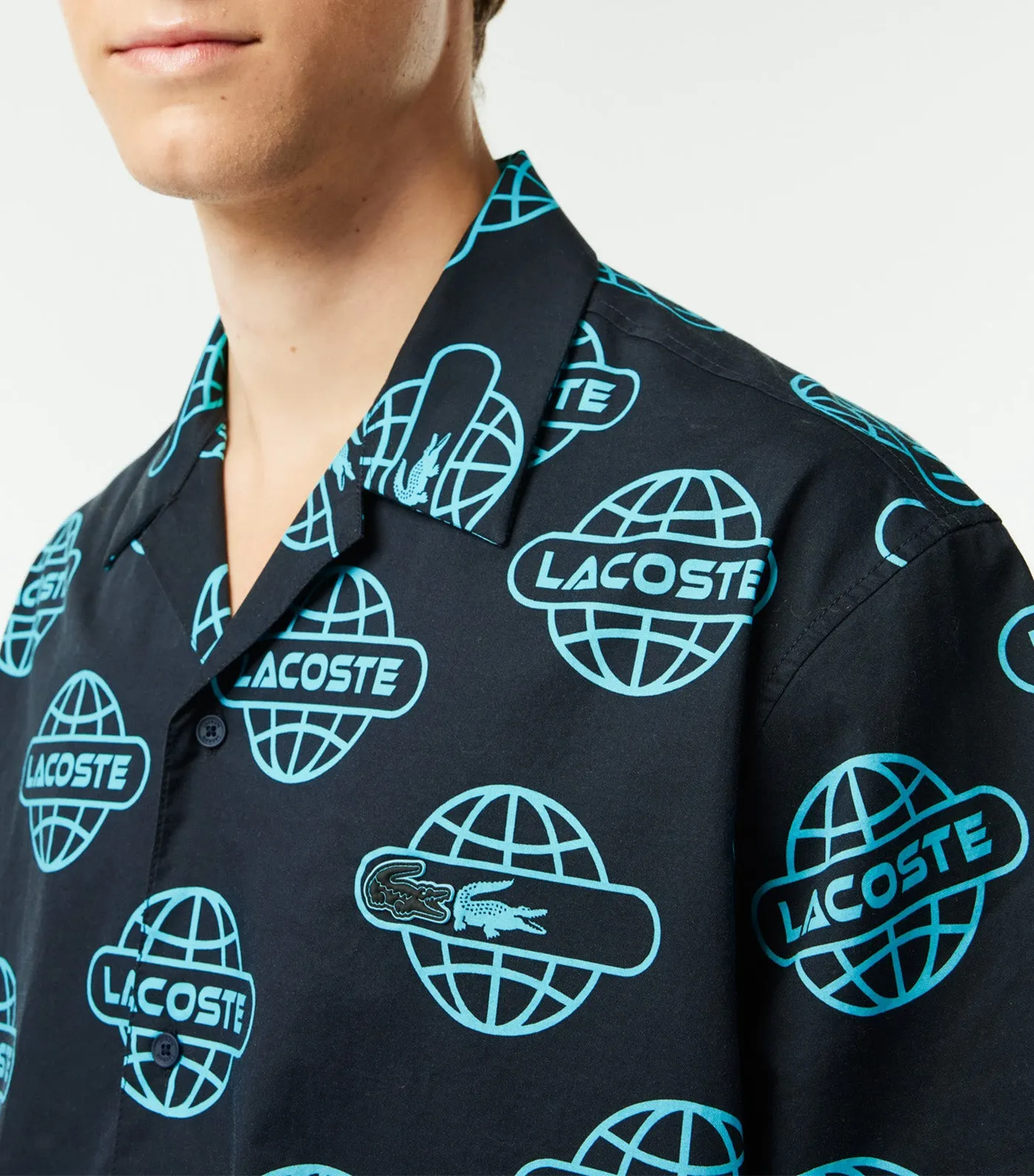 Globe Print Lacoste Cotton Twill Shirt Black/Cove