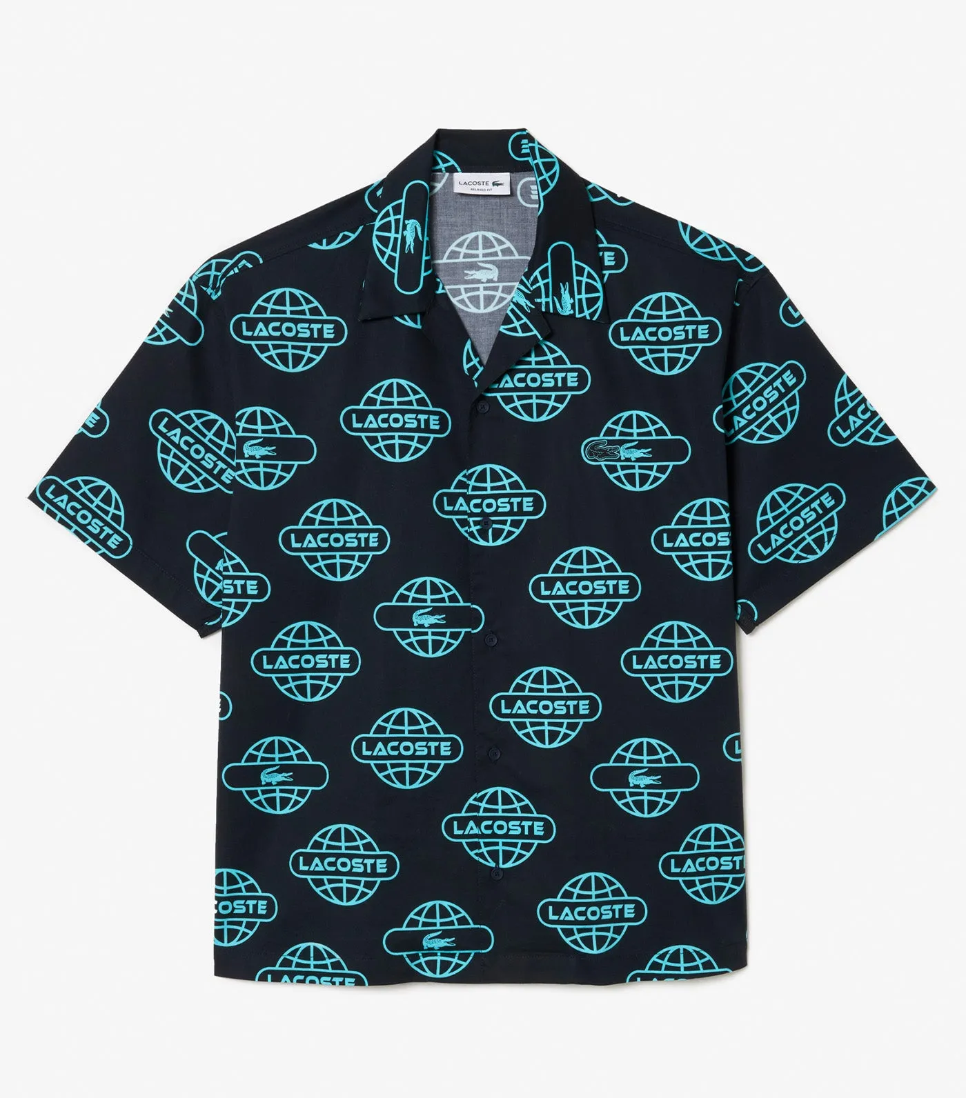 Globe Print Lacoste Cotton Twill Shirt Black/Cove