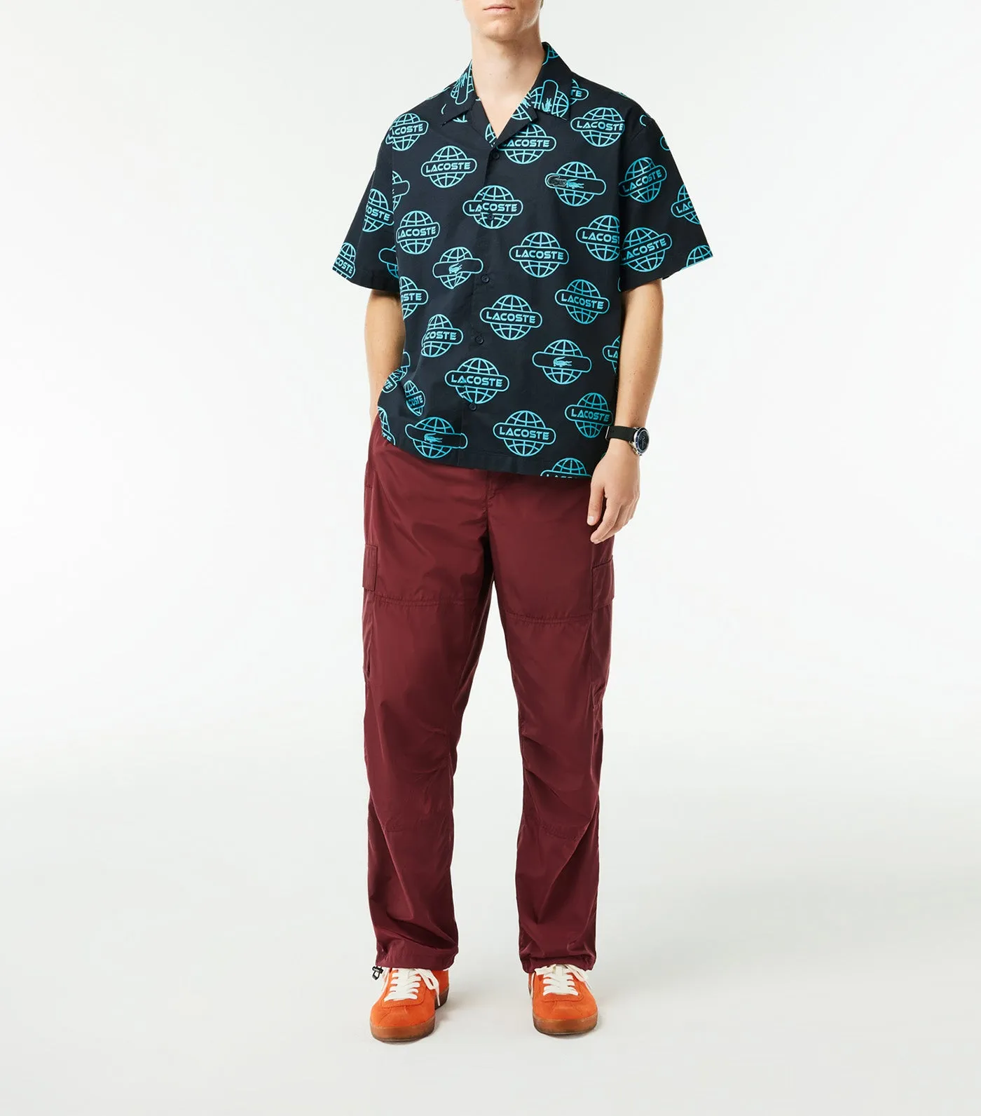 Globe Print Lacoste Cotton Twill Shirt Black/Cove