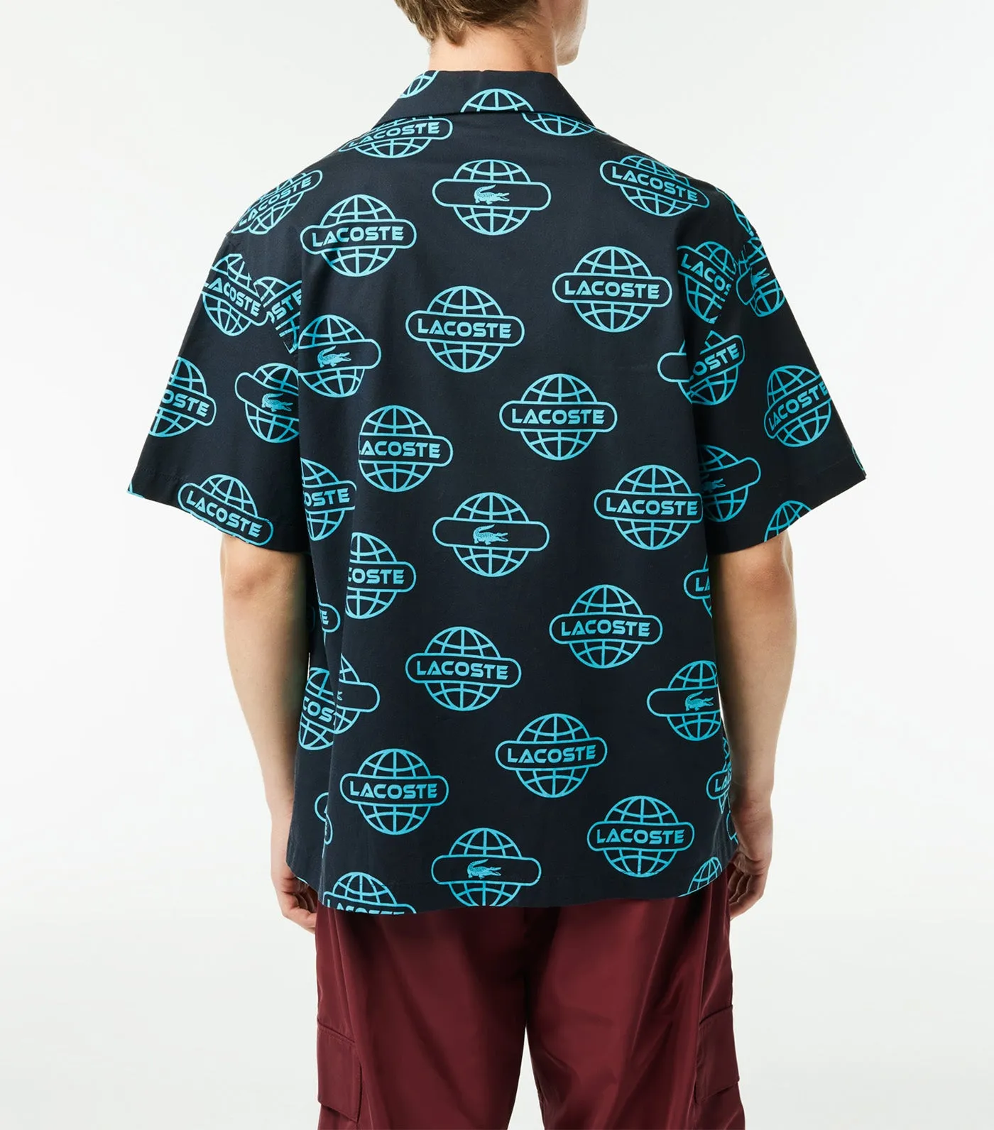 Globe Print Lacoste Cotton Twill Shirt Black/Cove