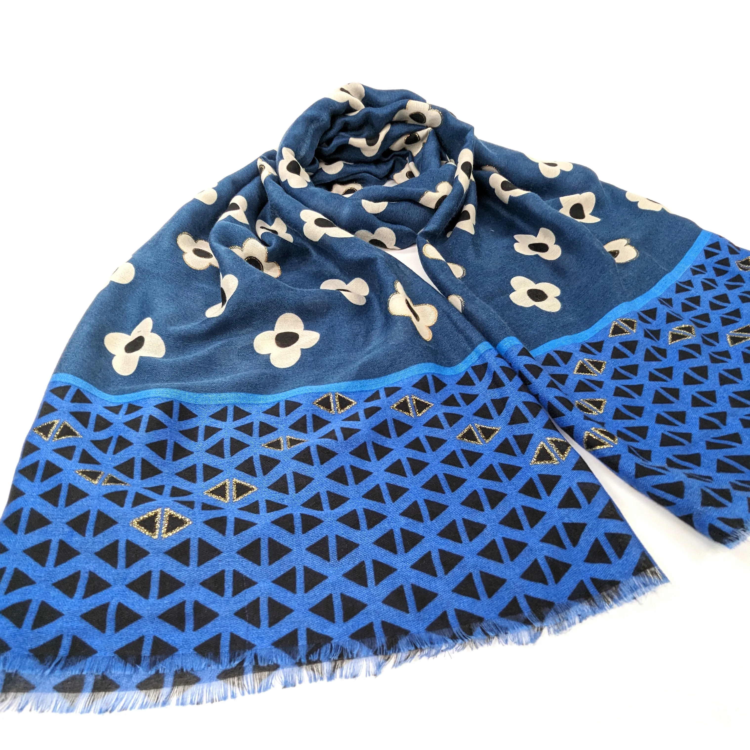 Gold Retro Flower Scarf - Admiral Blue (50x180cm)