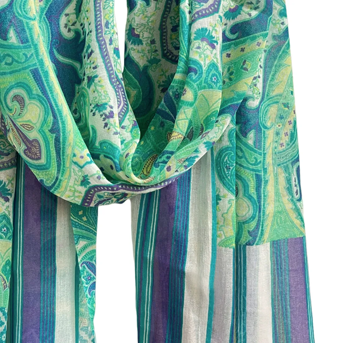 Green, Blue & White Abstract Paisley, Mandala & Striped Printed Viscose Scarf