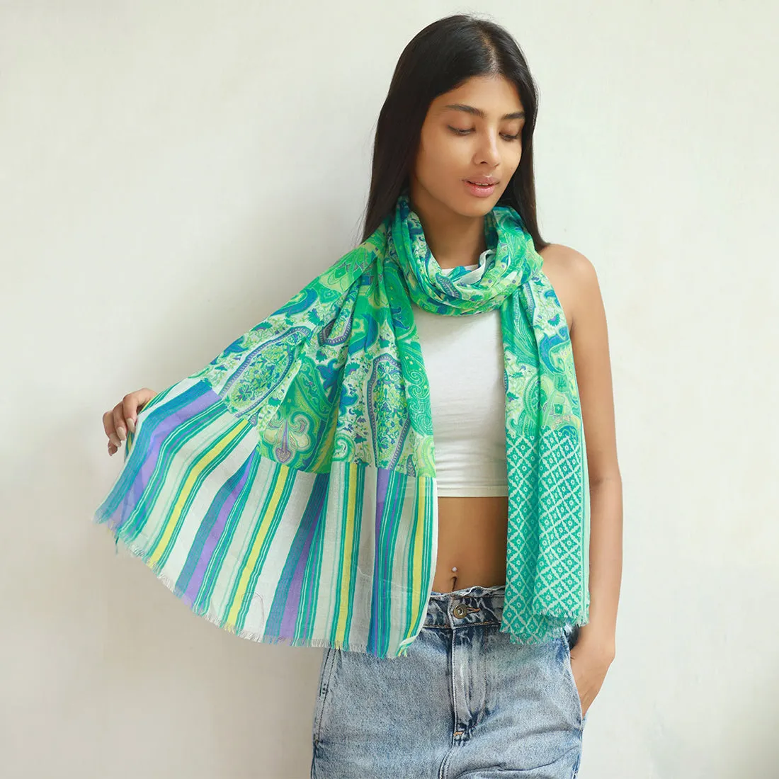 Green, Blue & White Abstract Paisley, Mandala & Striped Printed Viscose Scarf