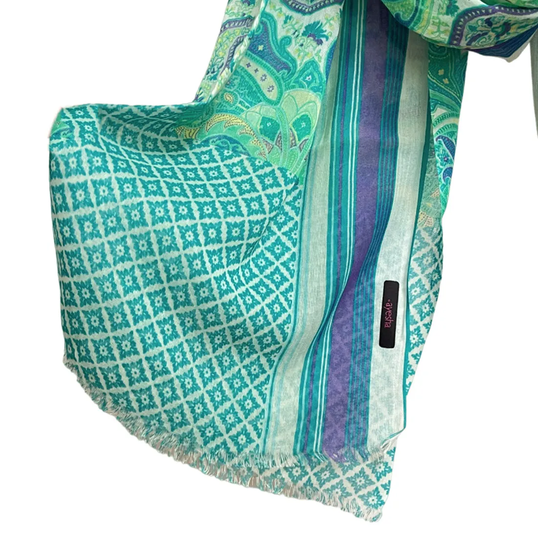 Green, Blue & White Abstract Paisley, Mandala & Striped Printed Viscose Scarf