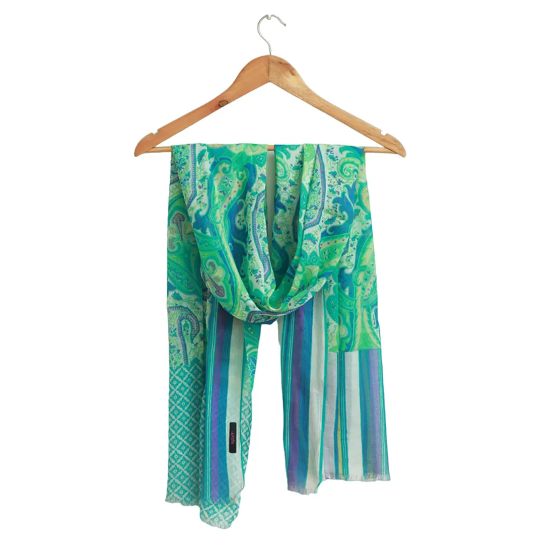 Green, Blue & White Abstract Paisley, Mandala & Striped Printed Viscose Scarf