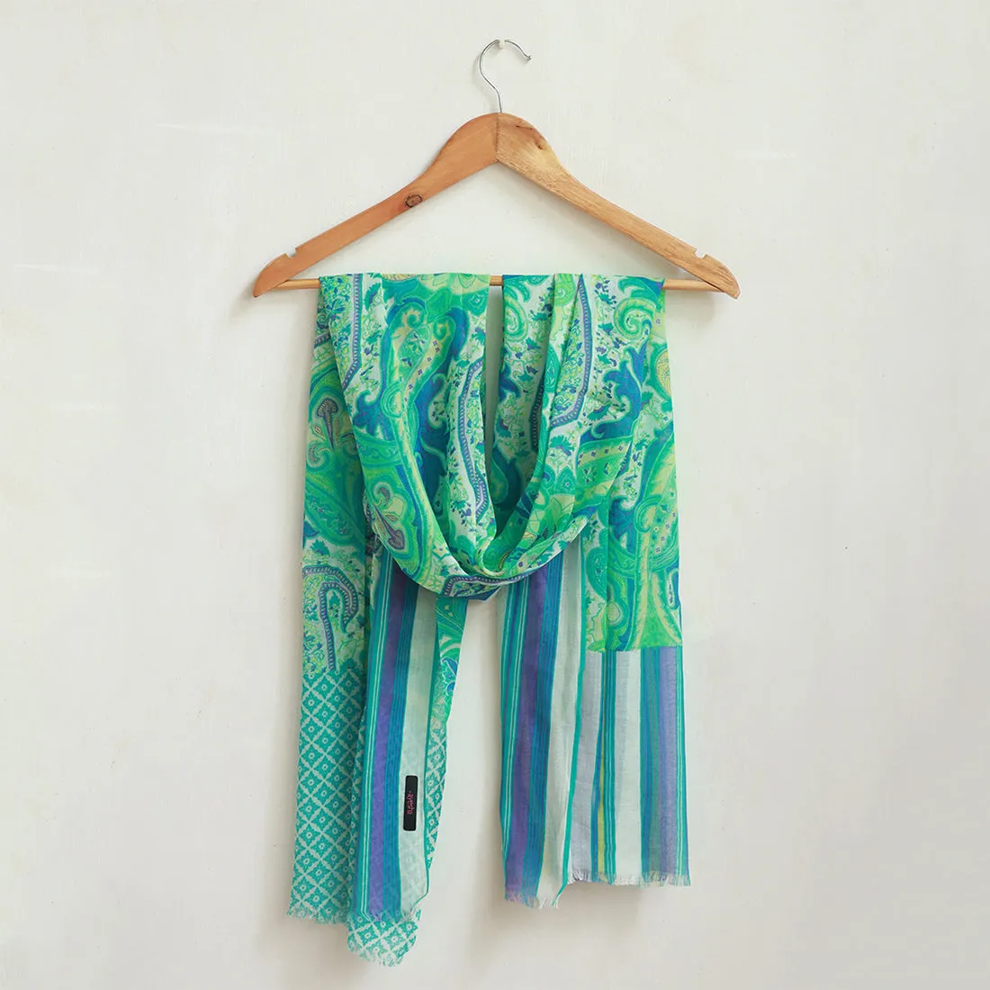 Green, Blue & White Abstract Paisley, Mandala & Striped Printed Viscose Scarf