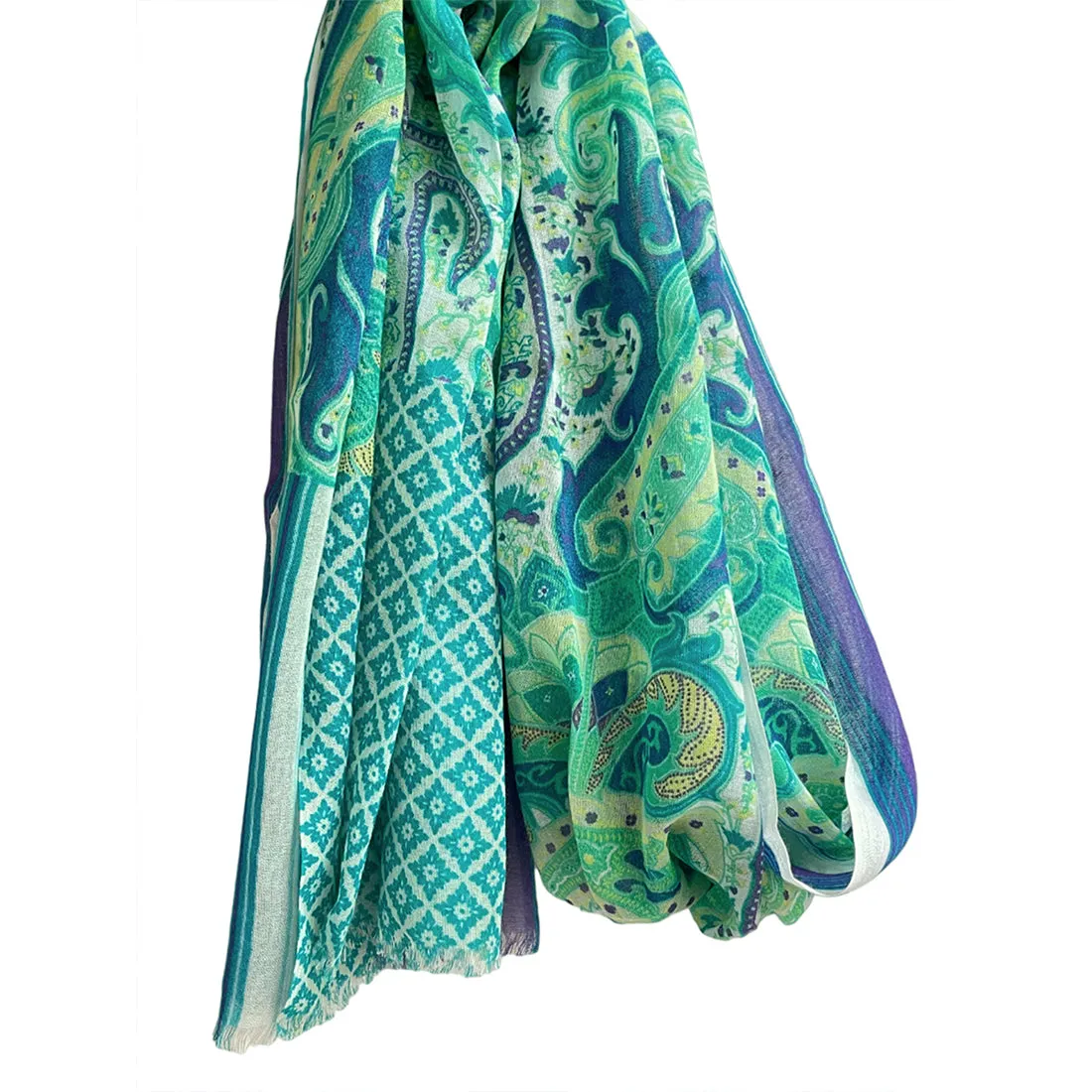 Green, Blue & White Abstract Paisley, Mandala & Striped Printed Viscose Scarf