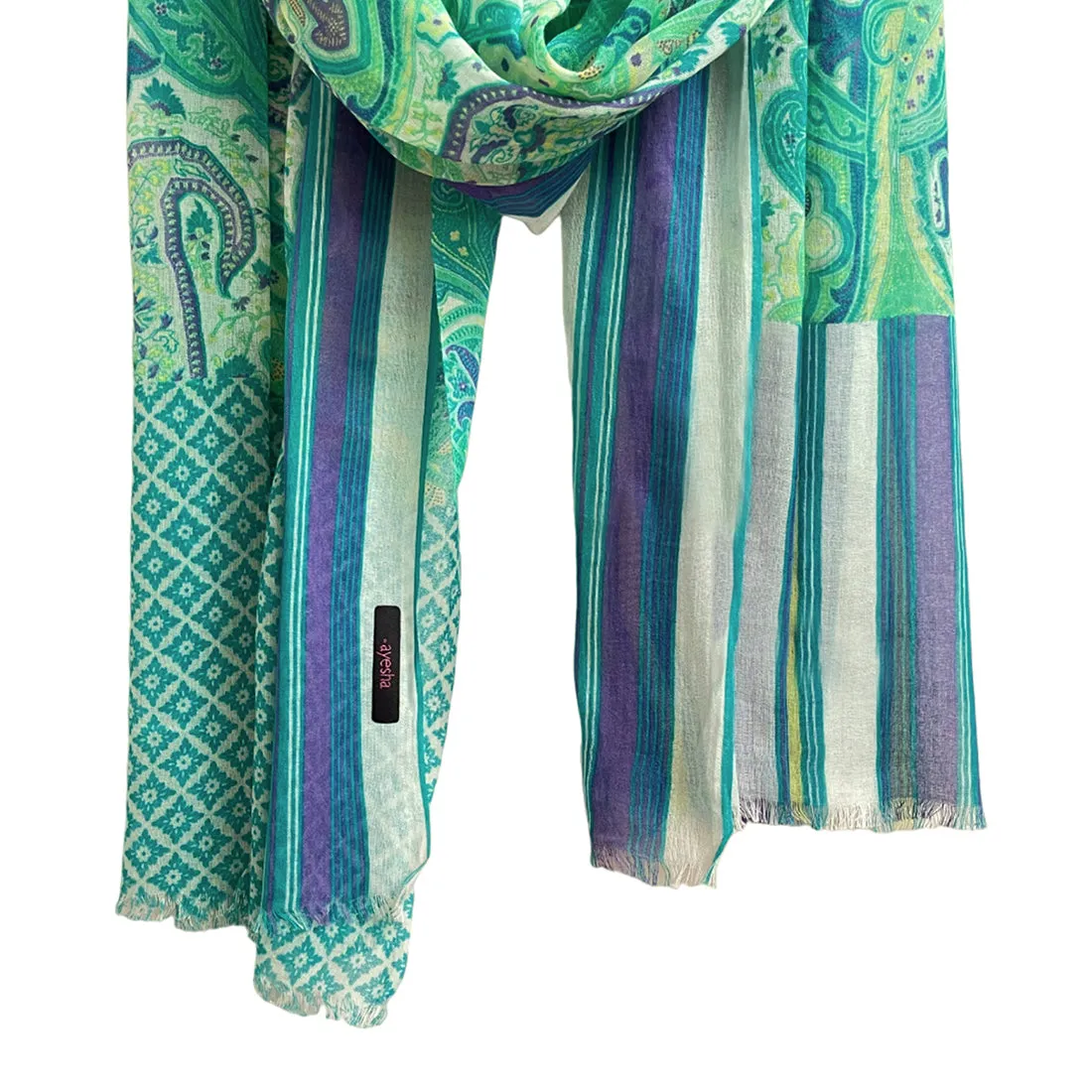 Green, Blue & White Abstract Paisley, Mandala & Striped Printed Viscose Scarf