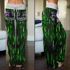 Green Flame Horror Smile Skull High-waisted Wide Leg Pants