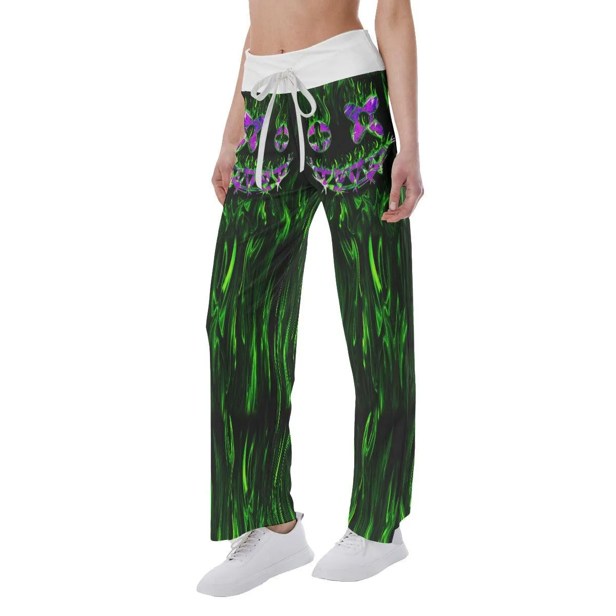 Green Flame Horror Smile Skull High-waisted Wide Leg Pants