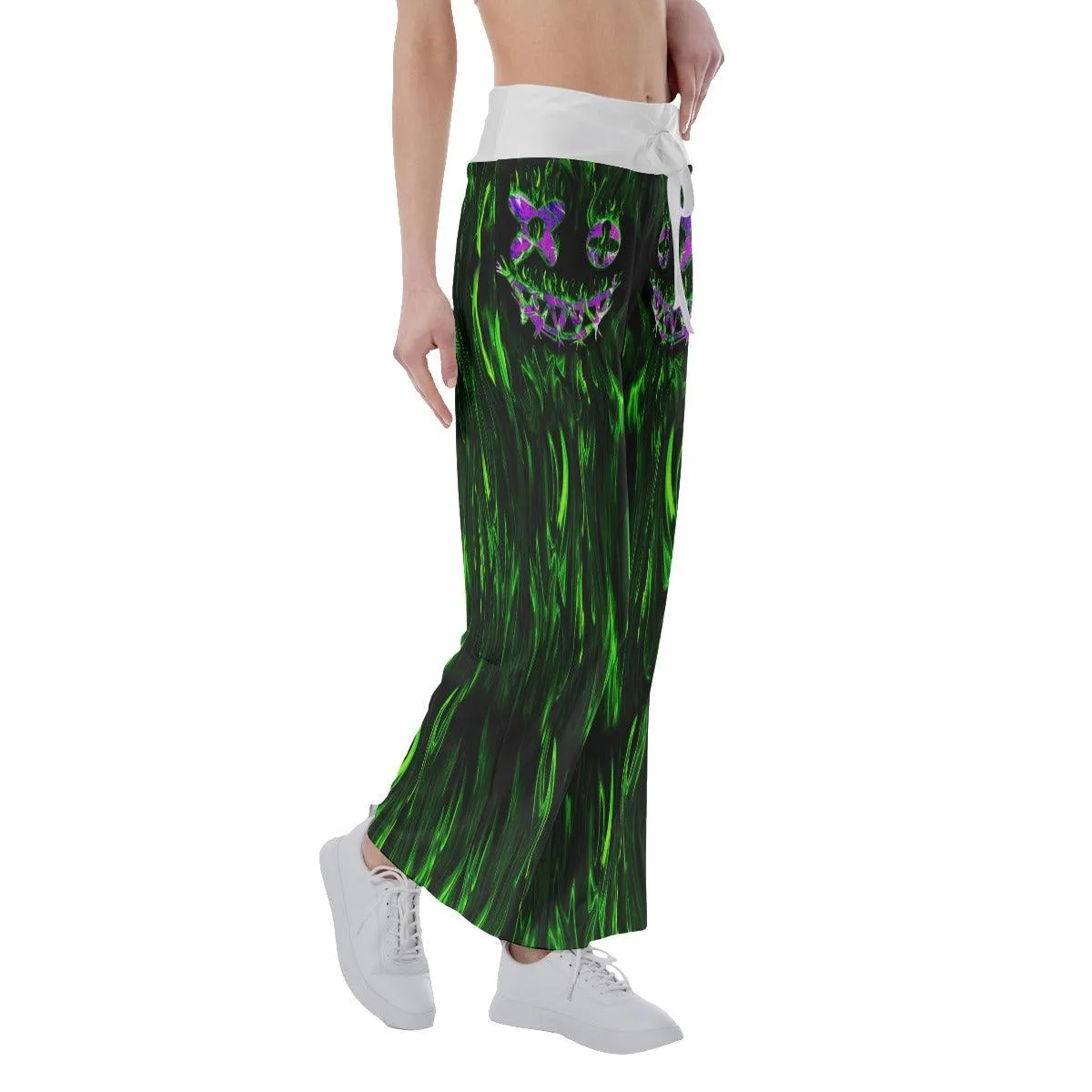 Green Flame Horror Smile Skull High-waisted Wide Leg Pants