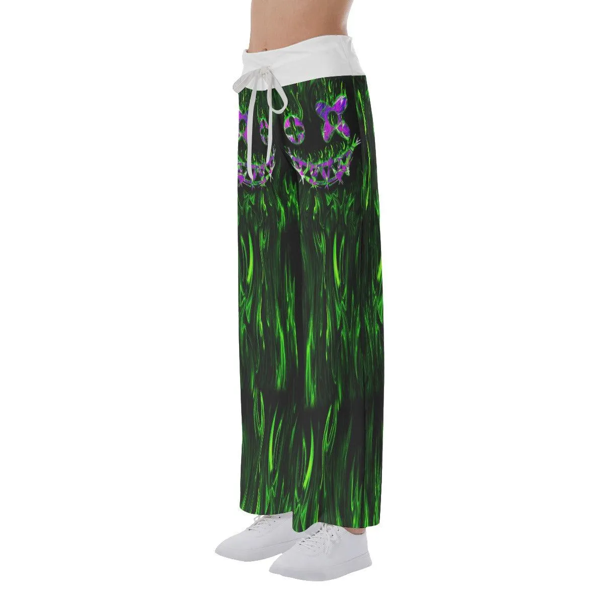 Green Flame Horror Smile Skull High-waisted Wide Leg Pants