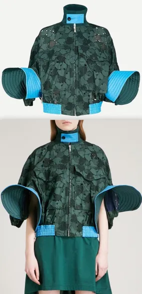 Green Heart-Embroidered Cotton-Lace Bomber Jacket