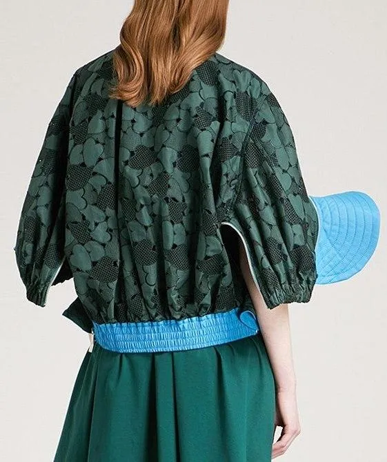 Green Heart-Embroidered Cotton-Lace Bomber Jacket